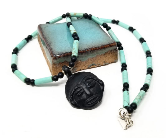 'Kirabo' African Mask Pendant Necklace in Turquoise and Black Onyx