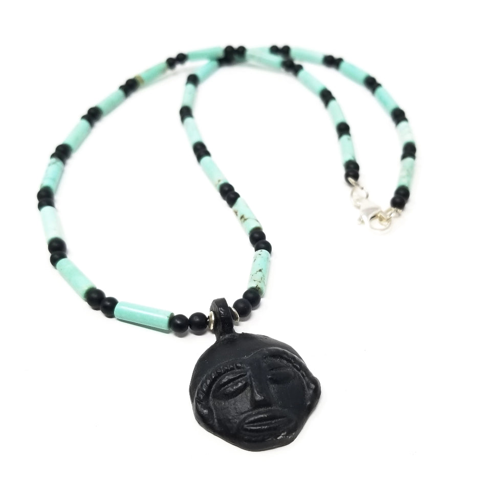'Kirabo' African Mask Pendant Necklace in Turquoise and Black Onyx