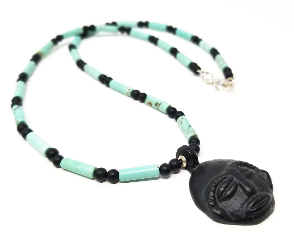'Kirabo' African Mask Pendant Necklace in Turquoise and Black Onyx