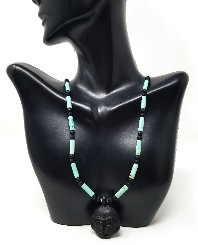 'Kirabo' African Mask Pendant Necklace in Turquoise and Black Onyx