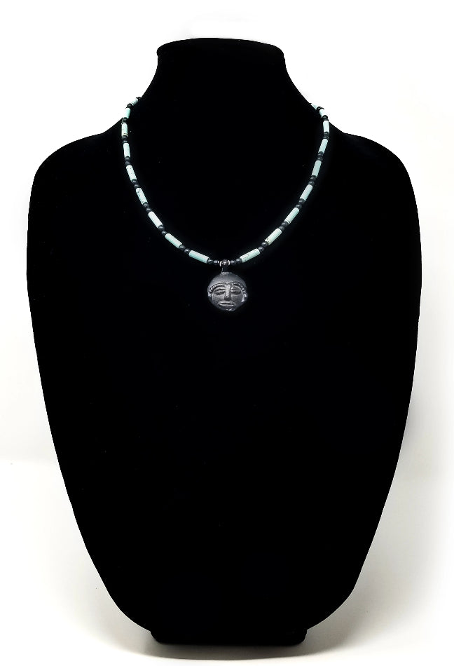 'Kirabo' African Mask Pendant Necklace in Turquoise and Black Onyx