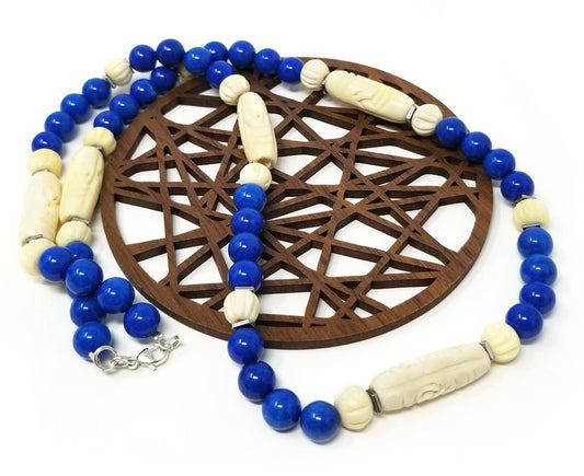 'Chonga' Carved Ivory Gemstone Necklace in Blue Agate