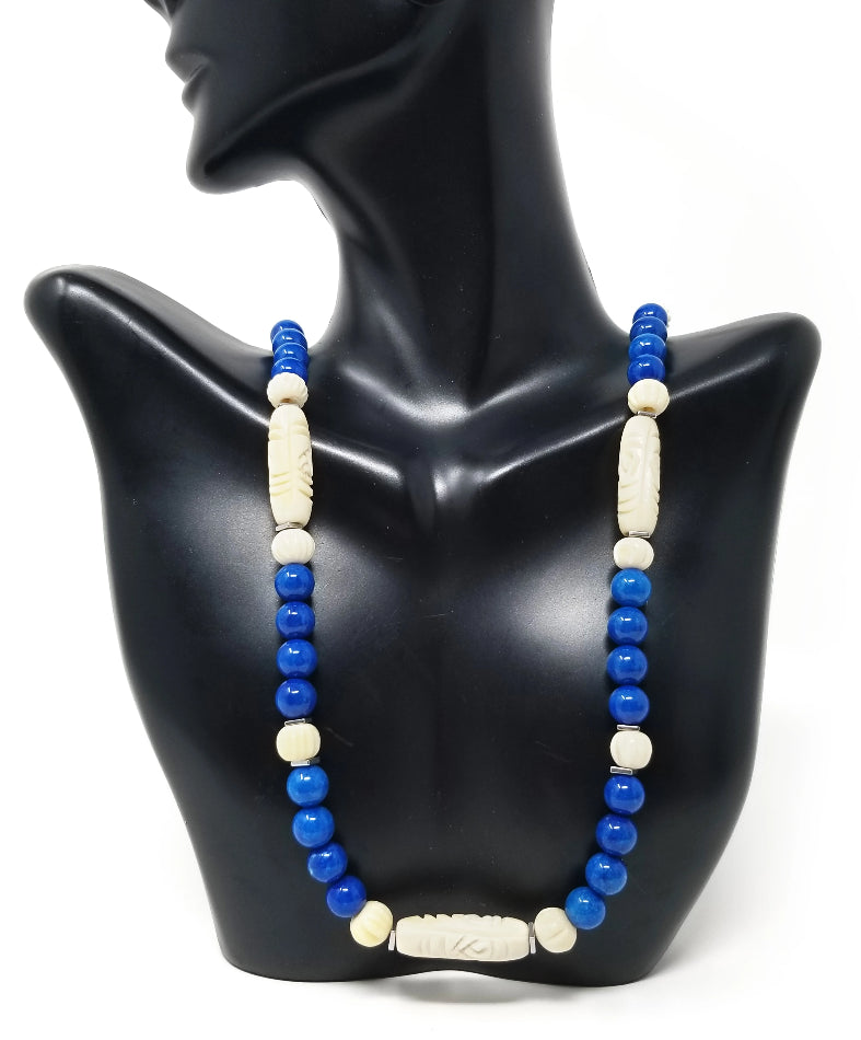 'Chonga' Carved Ivory Gemstone Necklace in Blue Agate