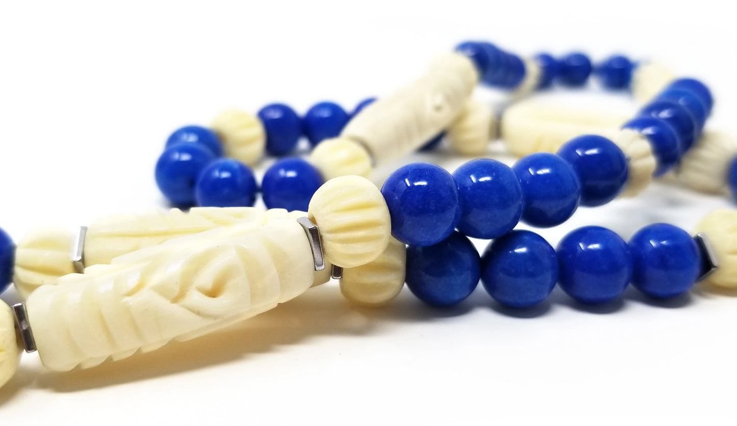 'Chonga' Carved Ivory Gemstone Necklace in Blue Agate