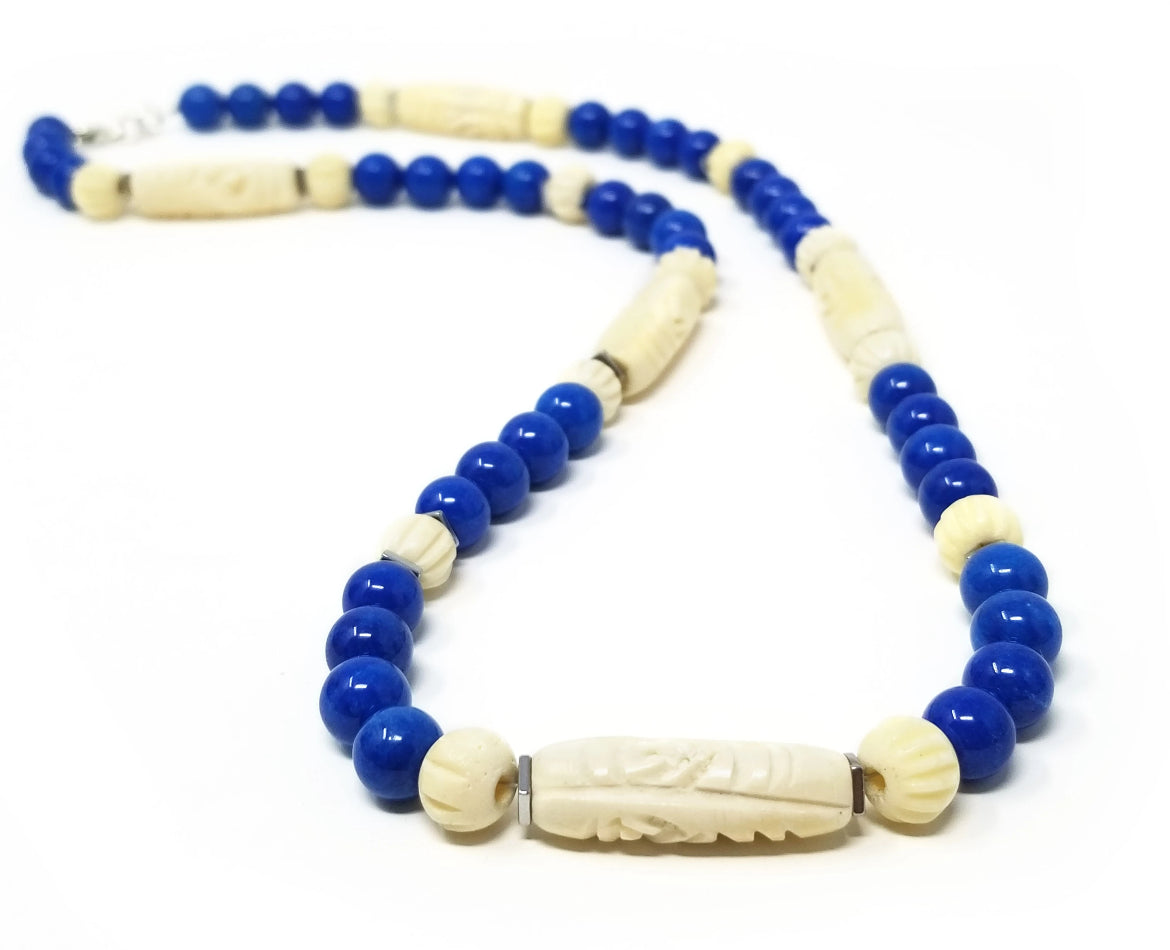 'Chonga' Carved Ivory Gemstone Necklace in Blue Agate