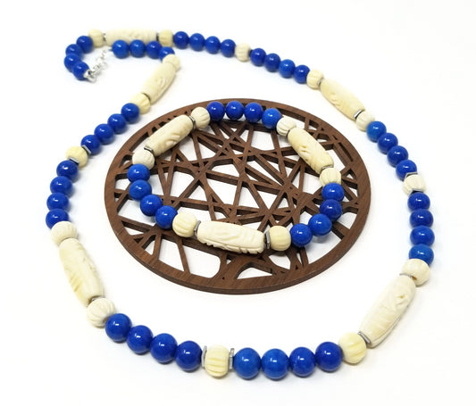 'Chonga' Carved Ivory Gemstone Necklace and Bracelet Set in Blue Agate