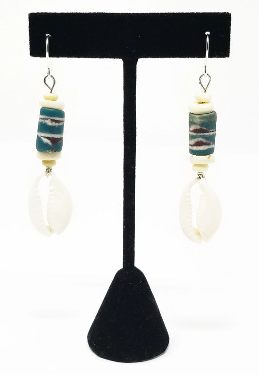 'Maji' Cowrie Shell Earrings in Blue African Trade Bead