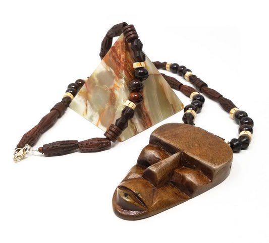 'Kojo' African Mask Pendant Necklace in Dark Wood