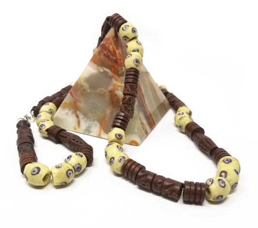 'Kwame' Yellow African Trade Bead Necklace in Dark Wood