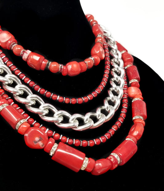 red coral statement chocker necklace for women with argentium silver chain