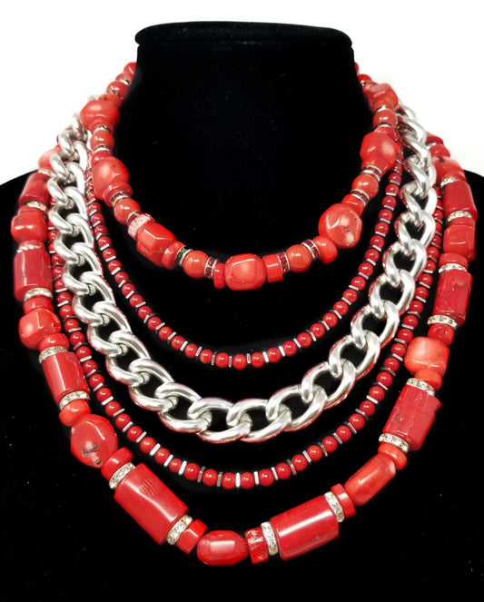 red coral statement chocker necklace for women with argentium silver chain