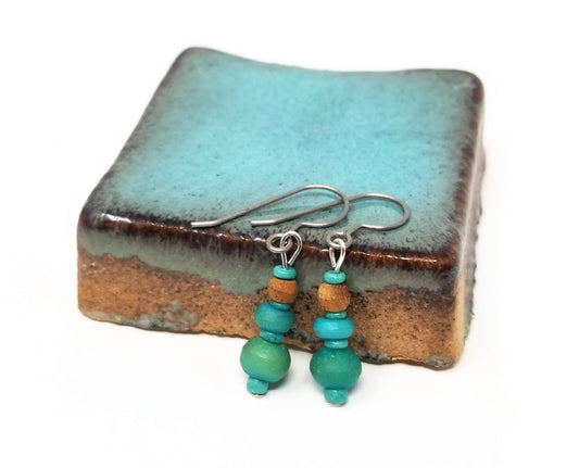 'Tahira' Mini Turquoise Earrings with Wood Accents