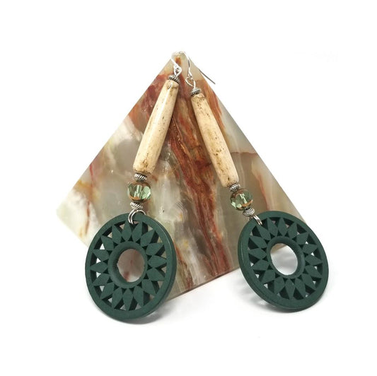 'Kakena' Wood Medallion and Stone Earrings in Green
