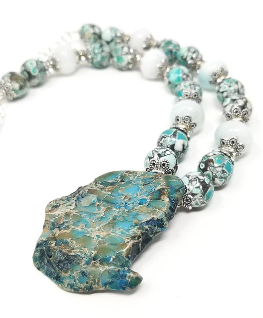 'Saidi' Mosaic Jasper Pendant Necklace with Crystal Accents