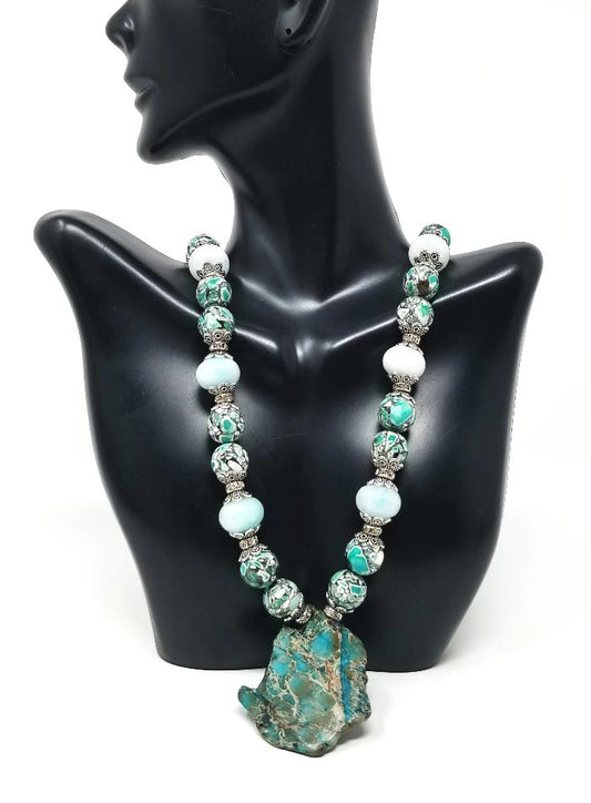 'Saidi' Mosaic Jasper Pendant Necklace with Crystal Accents
