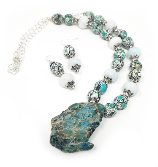 'Saidi' Mosaic Jasper Pendant Necklace and Earrings Set