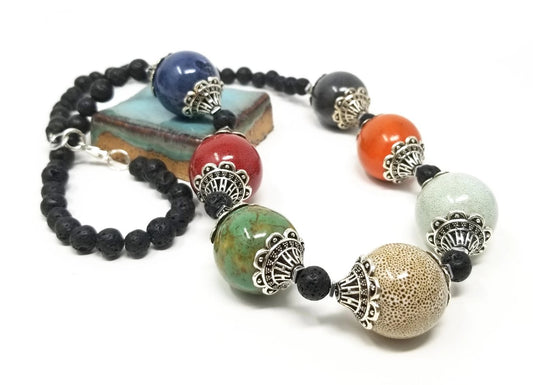 'Kauri' Multicolor Ceramic Necklace in Black Lava