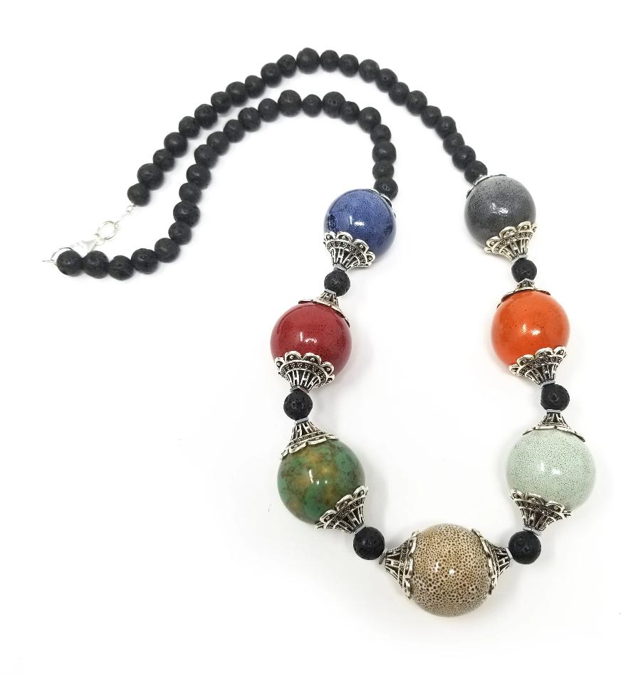 'Kauri' Multicolor Ceramic Necklace in Black Lava