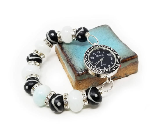 'Juza' Kenyan Batik Bone and White Agate Watch in Black