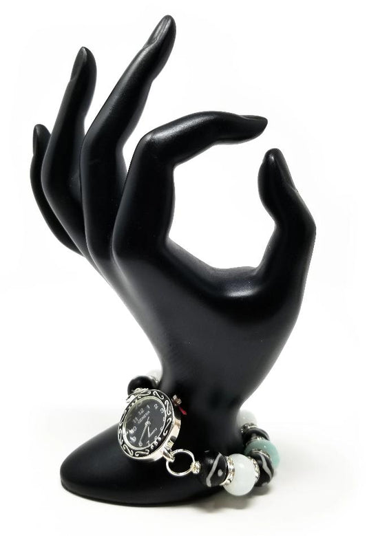 'Juza' Kenyan Batik Bone and White Agate Watch in Black