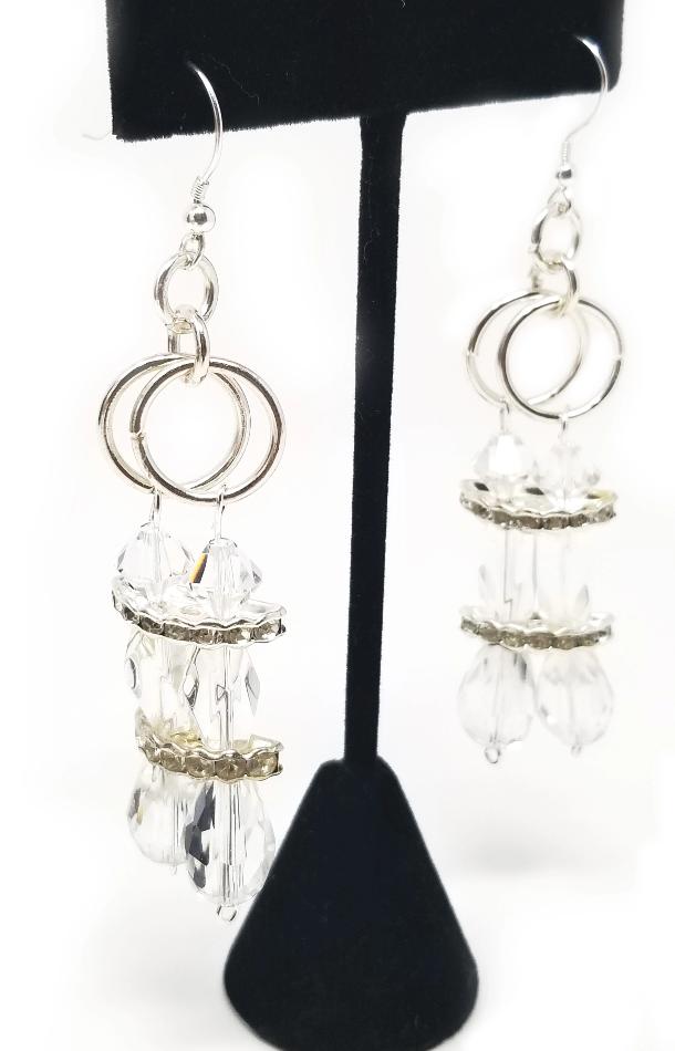 'Osa' Glass Crystal Chandelier Earrings in Silver