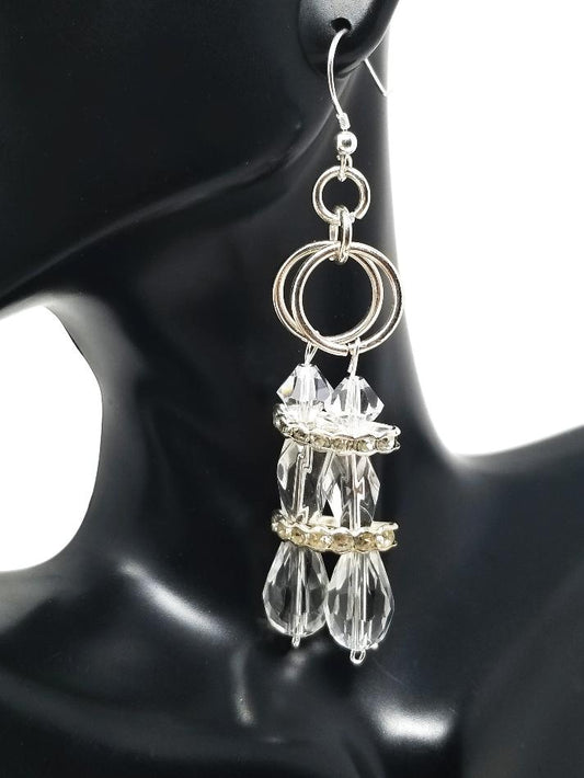 'Osa' Glass Crystal Chandelier Earrings in Silver
