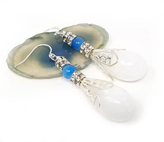 'Tazara' White Agate Drop Earrings in Blue