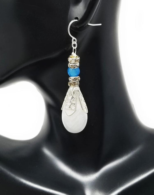 'Tazara' White Agate Drop Earrings in Blue
