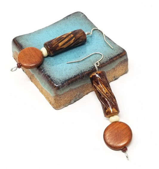 'Naki' Hand-Carved Wood Earrings with Ivory