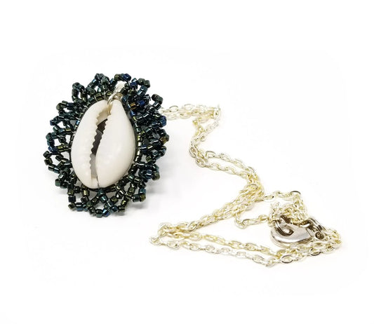 'Ayira' Cowrie Shell Pendant Chain Necklace in Deep Green