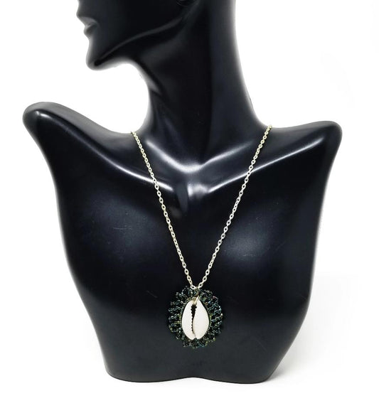 'Ayira' Cowrie Shell Pendant Chain Necklace in Deep Green
