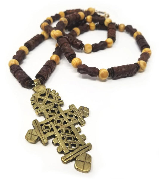 'Jaali' Ethiopian Cross Pendant Necklace with Carved Wood Beads