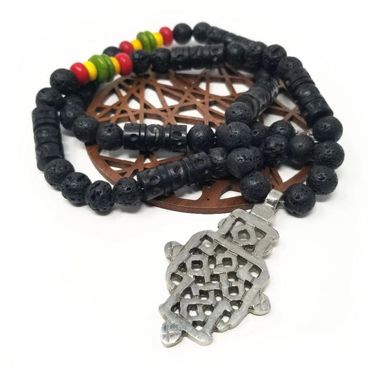 'Edon' Ethiopian Cross Pendant Necklace in Black Lava Rock
