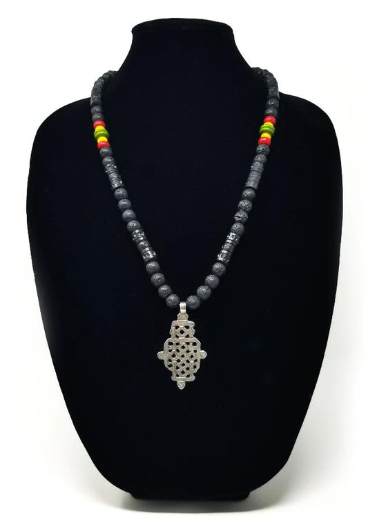 'Edon' Ethiopian Cross Pendant Necklace in Black Lava Rock