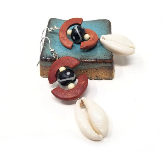 'Masego' Kenyan Batik Bone Cowrie Shell Earrings