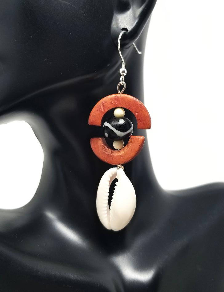 'Masego' Kenyan Batik Bone Cowrie Shell Earrings