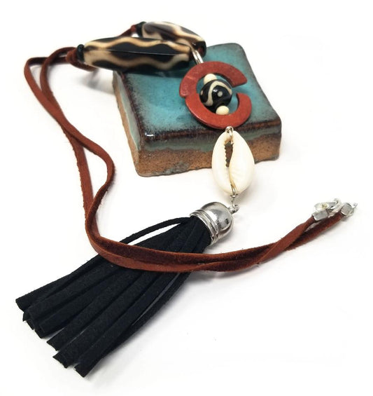 'Masego' Kenyan Batik Bone with Cowrie Shell Pendant Necklace