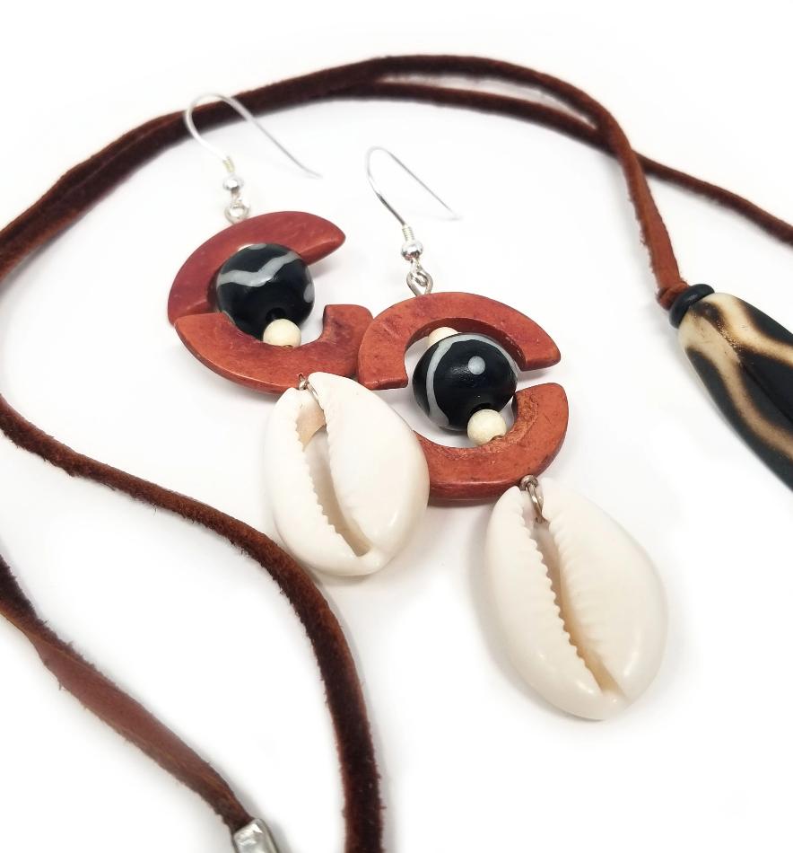 'Masego' Kenyan Batik Bone Cowrie Shell Earrings