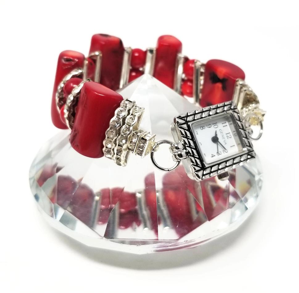 'Marjean' Red Coral Watch in Silver