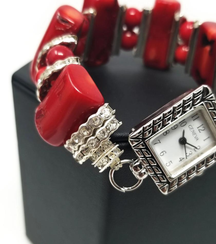 'Marjean' Red Coral Watch in Silver
