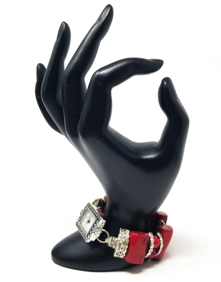 'Marjean' Red Coral Watch in Silver