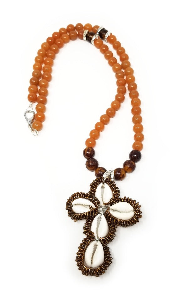 'Oringo' Cowrie Shell Cross Pendant Necklace in Peach Aventurine
