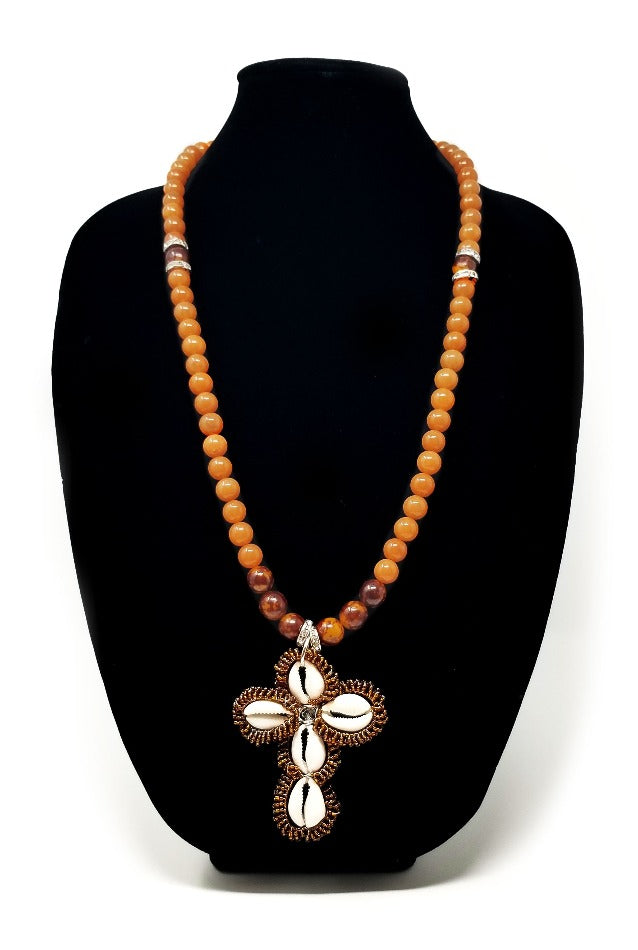 'Oringo' Cowrie Shell Cross Pendant Necklace in Peach Aventurine