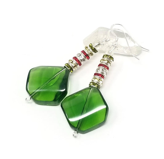 'Tawanda' Green Glass Pendant Earrings with Crystal Accents