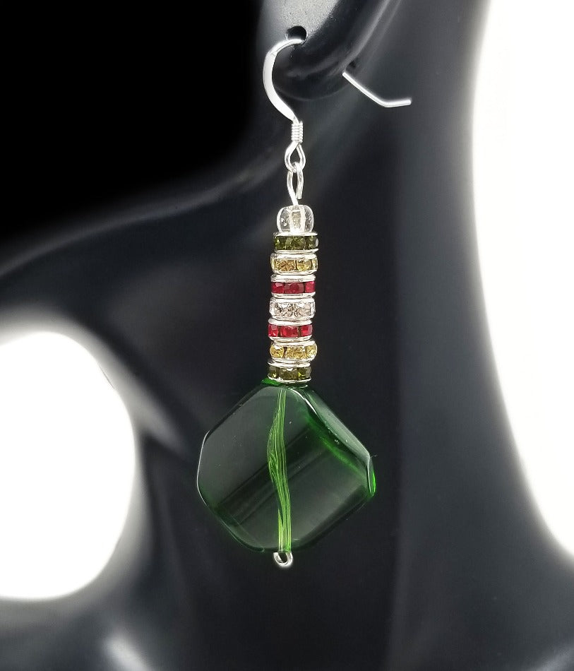 'Tawanda' Green Glass Pendant Earrings with Crystal Accents