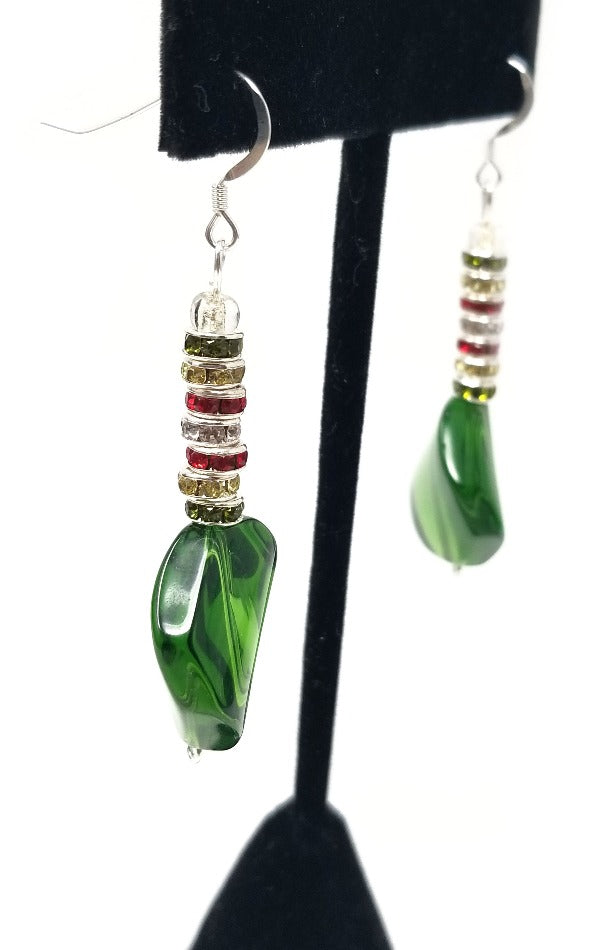 'Tawanda' Green Glass Pendant Earrings with Crystal Accents