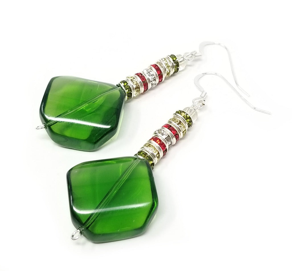 'Tawanda' Green Glass Pendant Earrings with Crystal Accents