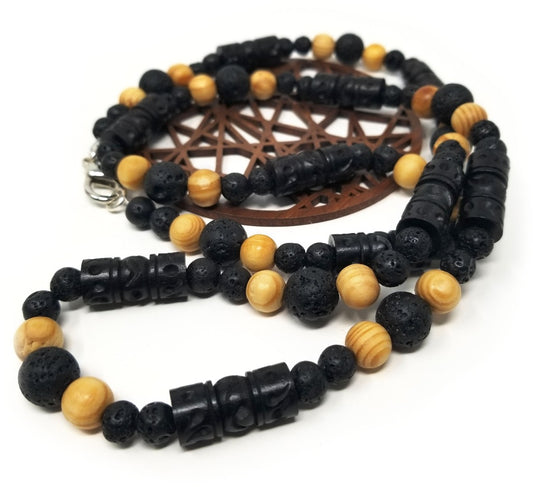 'Malomo' Black Lava Rock Necklace with Carved Wood