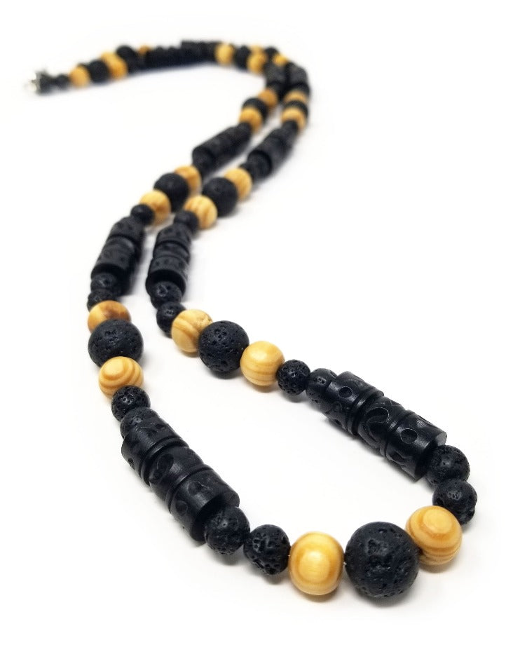 'Malomo' Black Lava Rock Necklace with Carved Wood