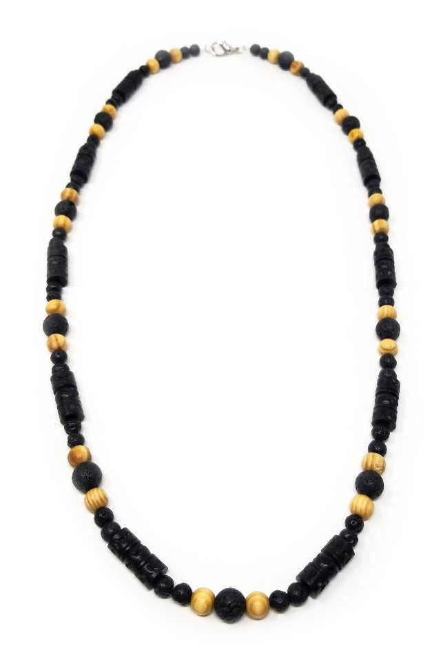 'Malomo' Black Lava Rock Necklace with Carved Wood